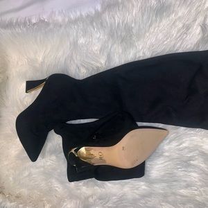 Black Suede Jlo Thigh Boots Women Trimmed Gold Heel Boot
